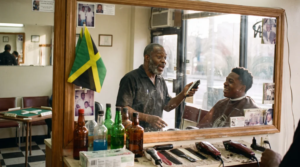Jamaican men talking in a Bronx barbershop about the cheapest way to send money to Jamaica
