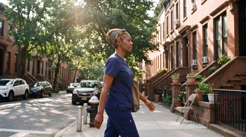 Jamaican home health aide walking to work in Brooklyn on a summer morning, a guide on how to send money to Jamaica
