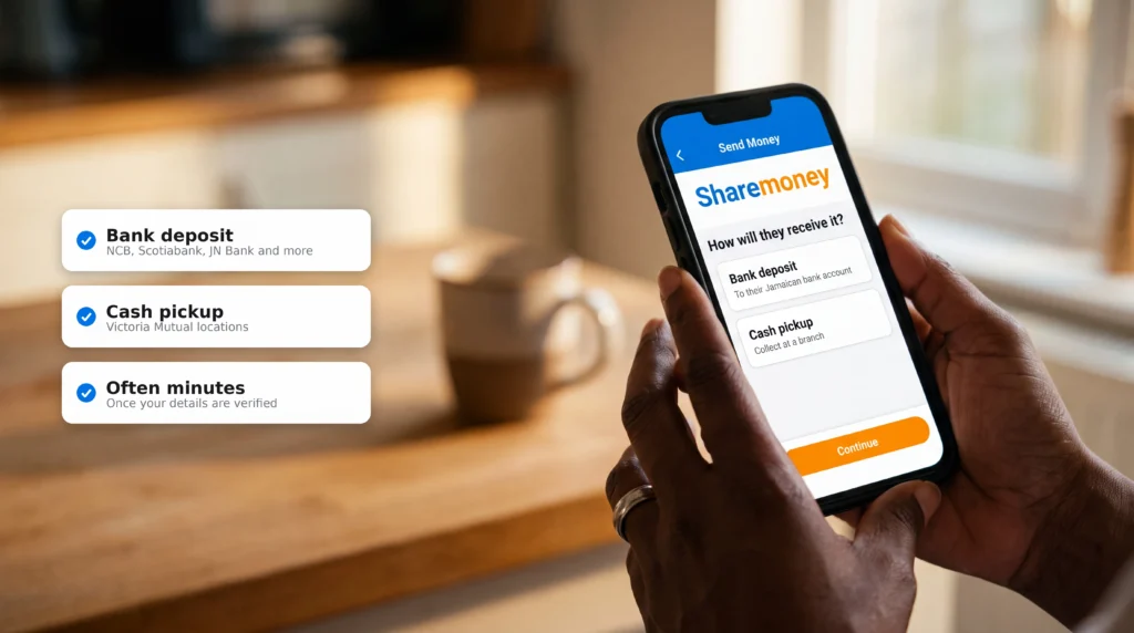 ShareMoney app showing the two ways to receive money in Jamaica, bank deposit and cash pickup