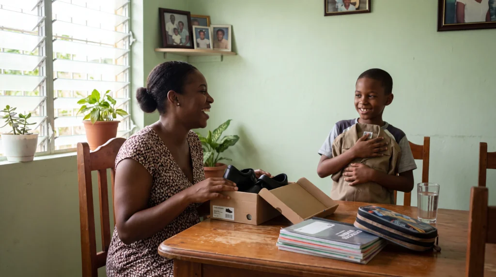 Jamaican mother and son in Kingston preparing for the September school term with money sent from family in the United States
