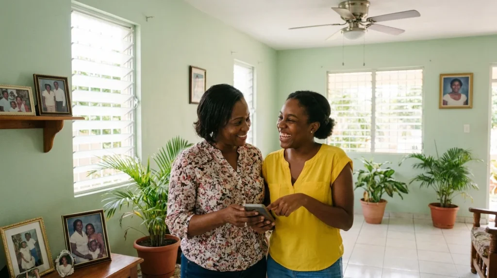 A mother and daughter in Kingston, Jamaica receive money sent from family in the United States