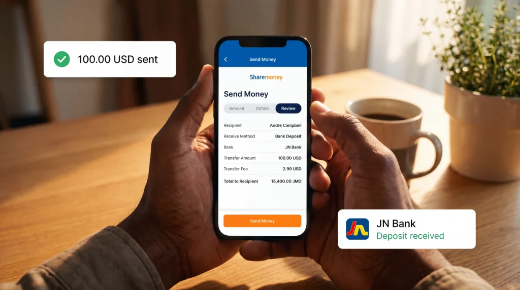 ShareMoney app showing the transfer amount, fee and total to a JN Bank account when sending money to Jamaica