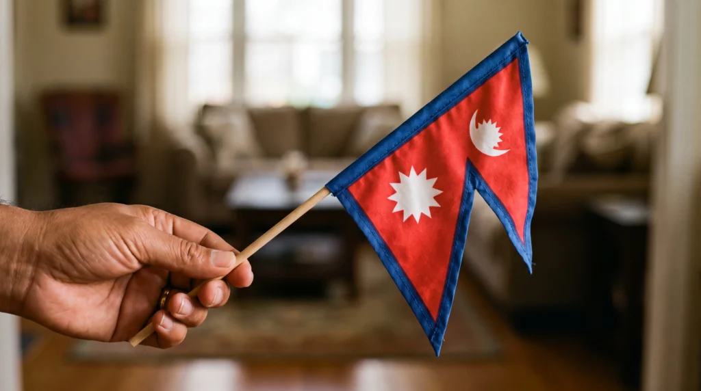 A hand holding a small national flag of Nepal after the August 2026 floods