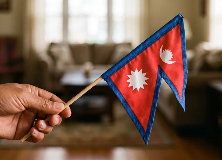 A hand holding a small national flag of Nepal after the August 2026 floods