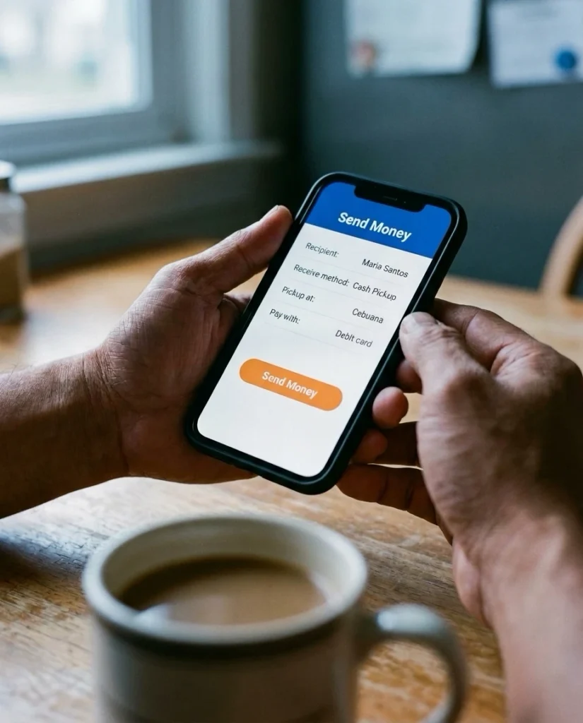 Money transfer app review screen showing cash pickup paid with a debit card