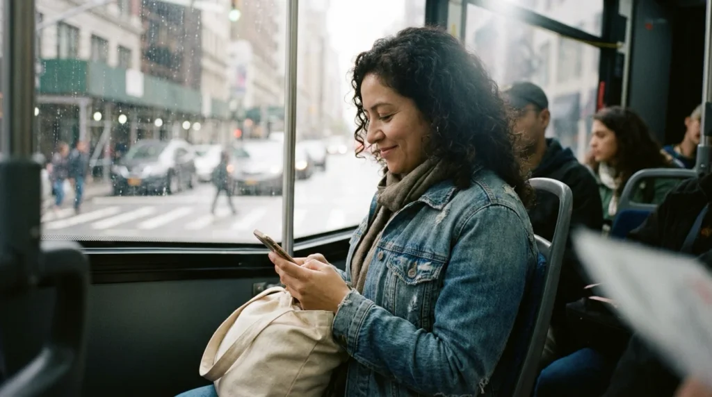Woman on a city bus checking how to send money to someone without a bank account on her phone