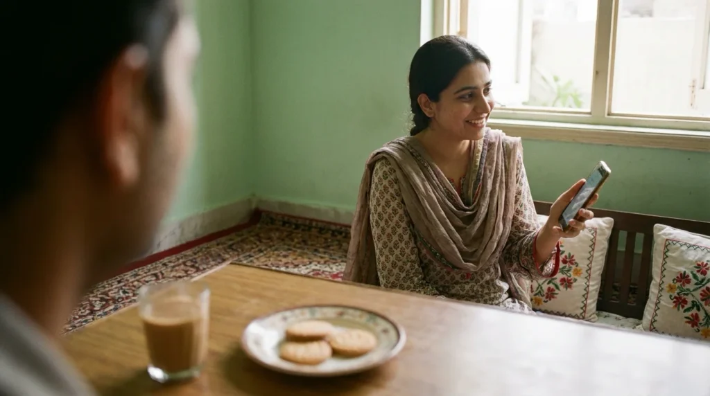Young woman in Pakistan smiling as money arrives in her mobile wallet